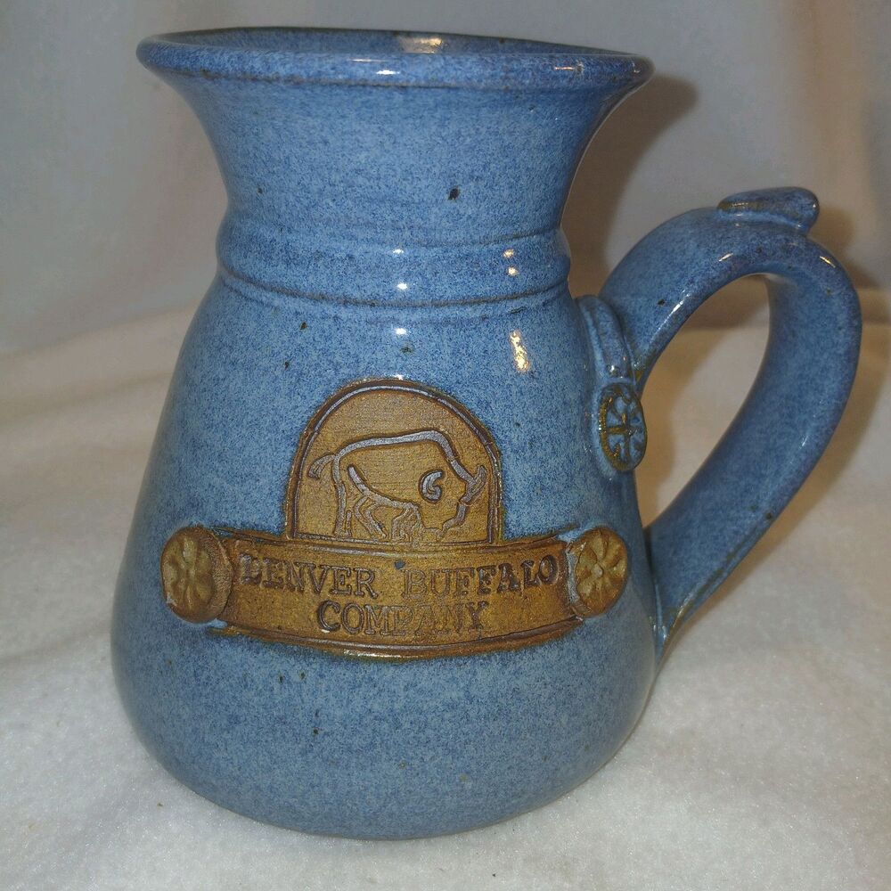 Denver Buffalo Company Travel Mug Blue Pottery Hand Thrown Heavy Rubber Bottom